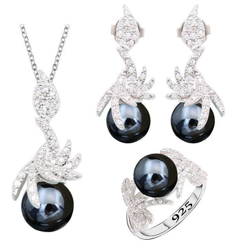 Black Pearl Silver Color Jewelry Sets for Women Earrings Necklace Pendant Ring New Arrival - The Jewellery Supermarket